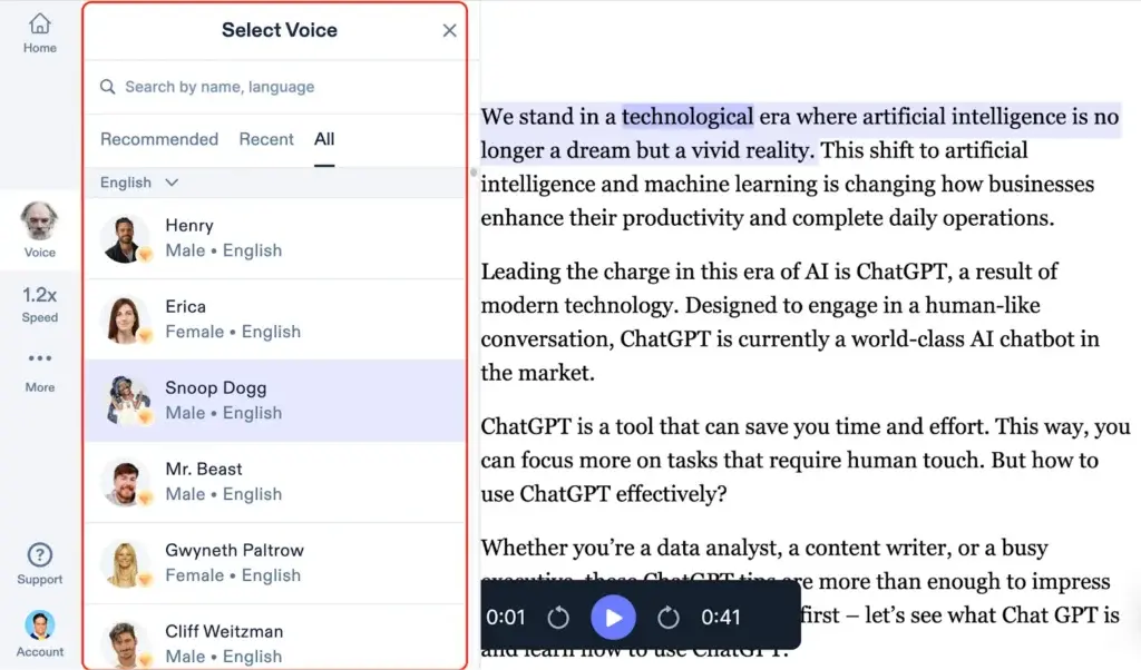 Speechify AI voice selection dropdown showing over 100 available voices