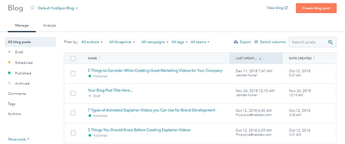 Create blog post in hubspot
