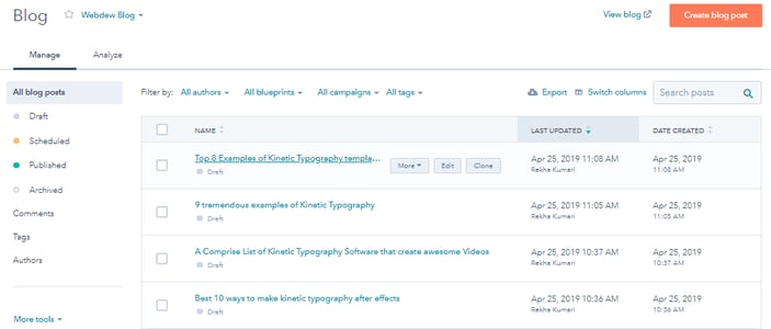 HubSpot blog dashboard