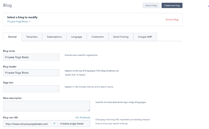 HubSpot blog settings