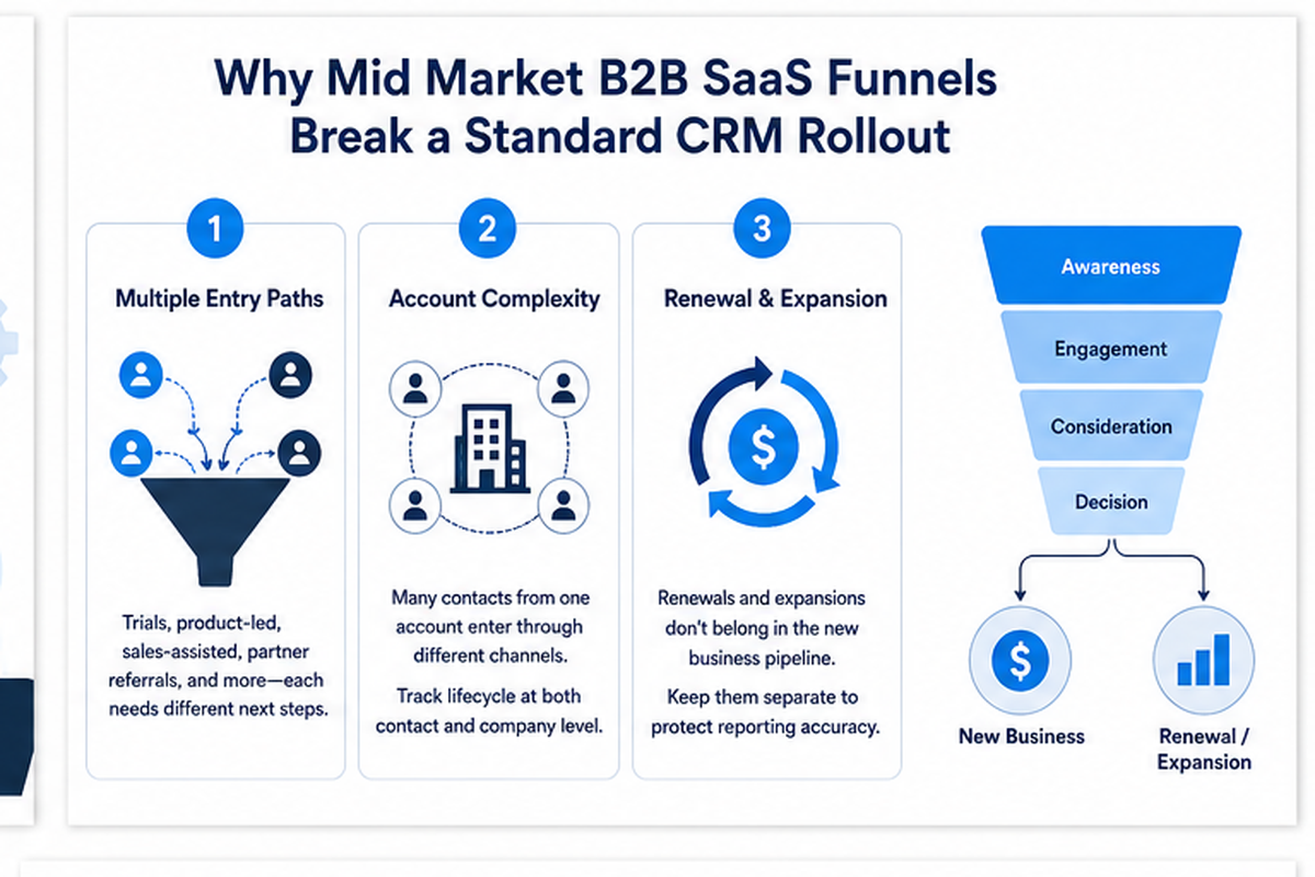 Why do mid market B2B SaaS funnels break a standard CRM rollout