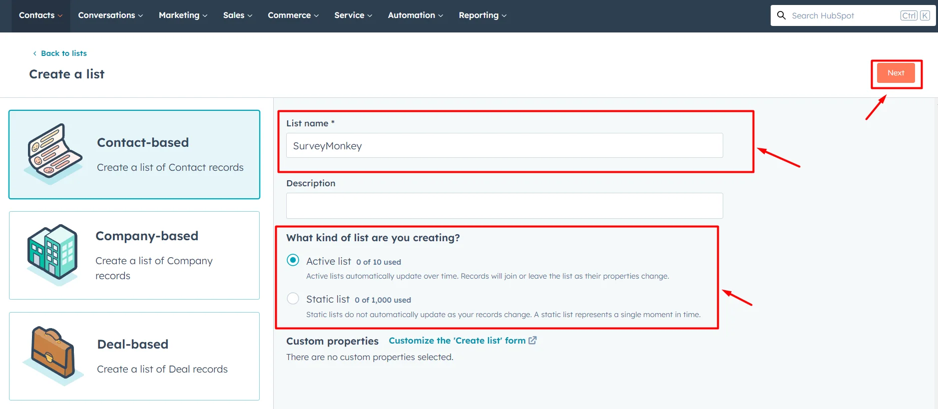 select-active-list-hubspot-surveymonkey-integration